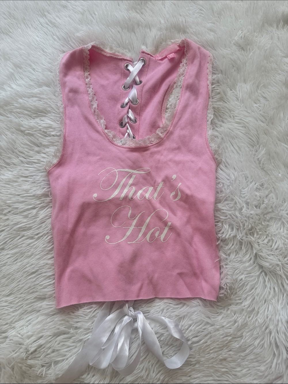 Sugar Thrillz THATS HOT Pink Lace-Trim Lace-Up Tank Top with Satin corset Tie
